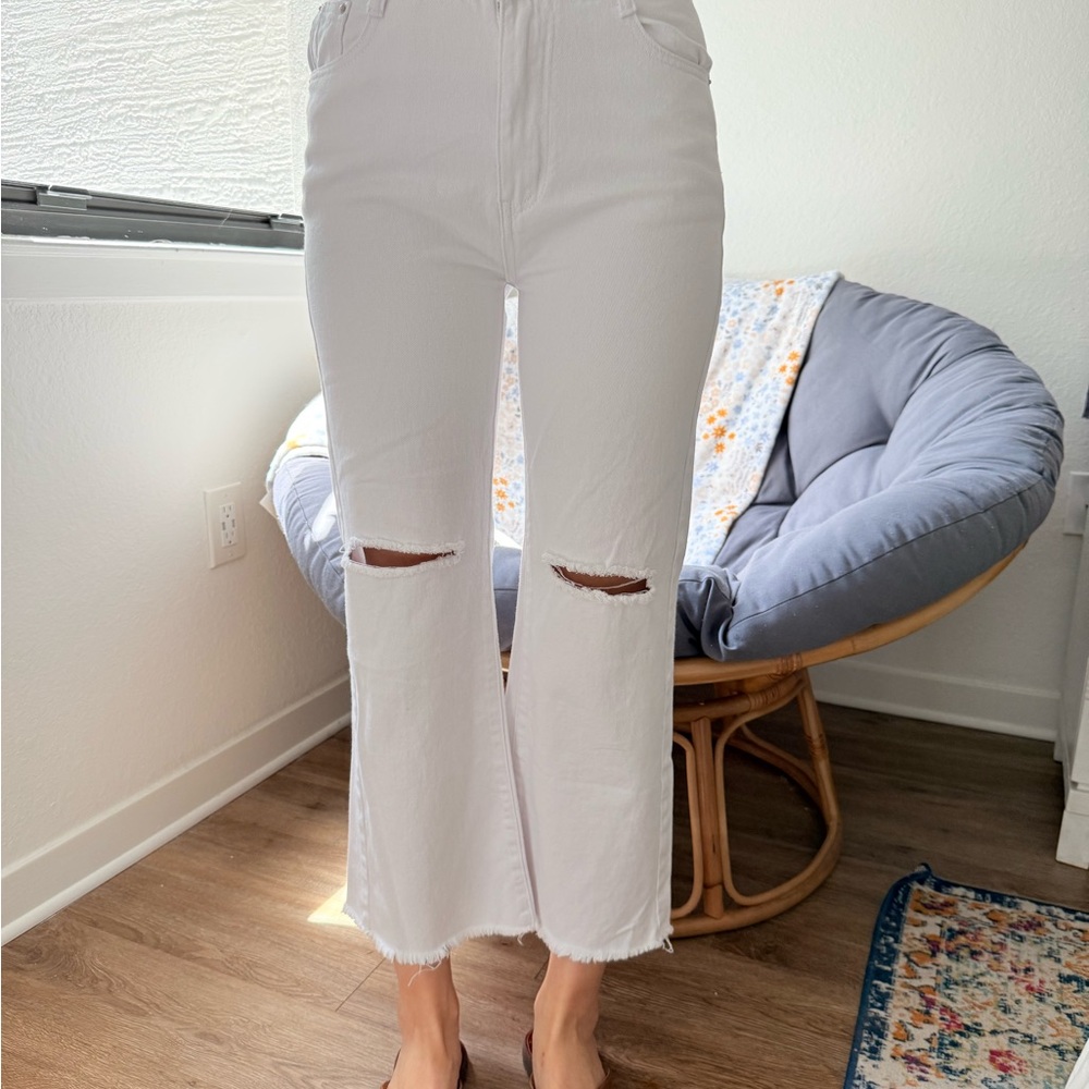 Princess Polly White Flare Cropped Jeans with Distressed Details
